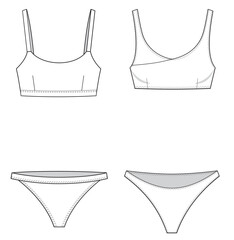 bandeau Bra and brief panty women's lingerie two piece bikini set design flat sketch fashion illustration vector template drawing