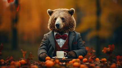 Picture a dignified bear in a tweed blazer, paired with a wool scarf and leather gloves. Against a backdrop of autumn foliage, it exudes rugged elegance and outdoor sophistication. The atmosphere: rus - obrazy, fototapety, plakaty