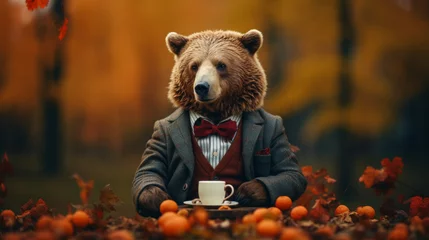 Fotobehang Picture a dignified bear in a tweed blazer, paired with a wool scarf and leather gloves. Against a backdrop of autumn foliage, it exudes rugged elegance and outdoor sophistication. The atmosphere: rus © Дмитрий Симаков