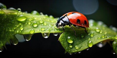 Obraz premium Shot of a ladybug in green grass with dew drops, insect world. Nature theme in spring. Generative AI