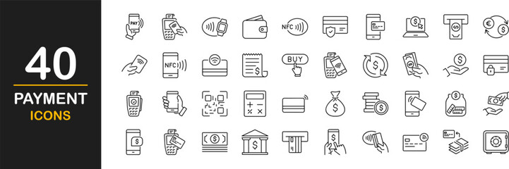 Payment. Linear icon set. Payment options. Payment vector icons. Outline payment method symbols. Money transfer. Banking, credit card, cash and transaction symbol. Vector illustration