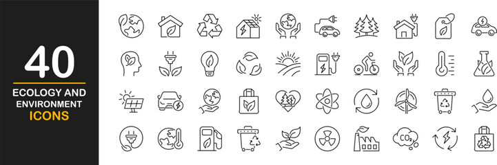 Ecology and environment line icons set. Environment, sustainability, nature, recycle, renewable energy, eco-friendly, forest, wind power, green symbol and more. Set of eco related line icons
