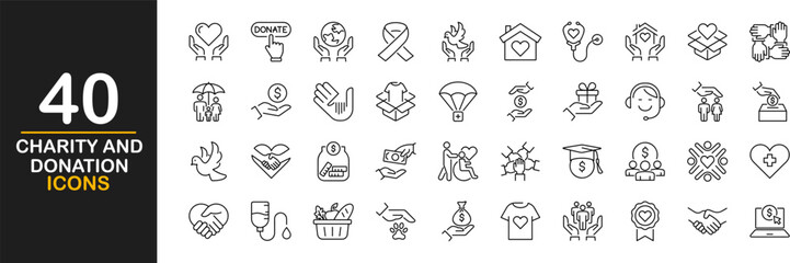 Charity and donation icon set. Contains such icons as donate, volunteering, care, cooperation, blood collection, money charity, donating clothing, food, medicines and more - obrazy, fototapety, plakaty