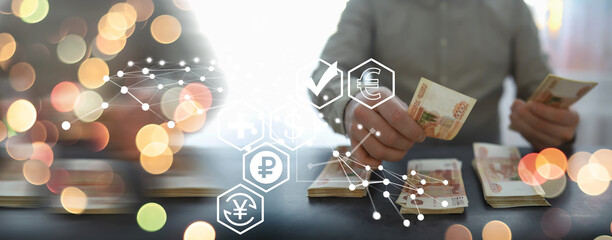 Russian money background. Russian roubles, russian rubles cash closeup. Rubles in cash. Finance and...