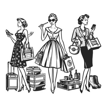 Three elegant women in 1950s fashion with shopping bags, cosmetics, and luggage sketch engraving generative ai fictional character vector illustration. Scratch board imitation. Black and white image.