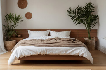 Cozy home garden, bedroom in white and wooden tones. Close-up: bed, parquet floor, and numerous houseplants. Urban jungle interior design. Biophilia concept.