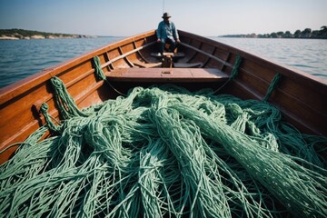 Fishing nets in a boat - obrazy, fototapety, plakaty