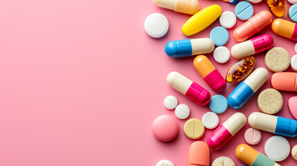 Top-down view of Medication diversity displayed on a pink background, offering choices for individual health requirements and concerns - obrazy, fototapety, plakaty
