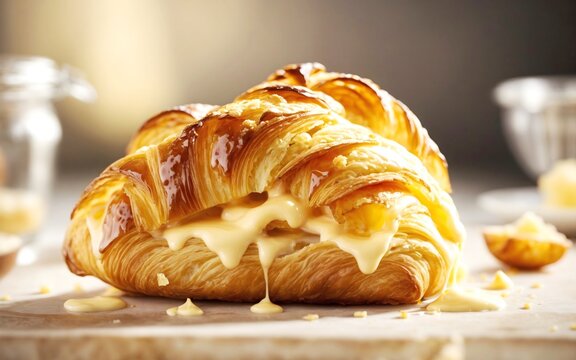 Croissant and cheese at the restaurant very delicious Bread bun, croissant with cheezy melted jam buttery bread for breakfast meal snack