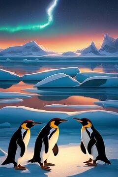 A group of playful cartoon penguins on icebergs under northern lights, arctic, antarctica, wildlife,  nature, cold, winter, majestic, pinguine, image 
