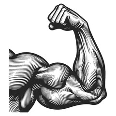 Strongman hand arm flexed bicep muscle symbolizing strength and power sketch engraving generative ai fictional character vector illustration. Scratch board imitation. Black and white image. - 768996861