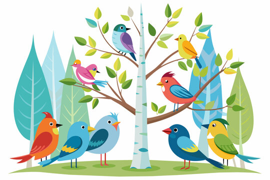 a group of colorful bird sits on a branch vector illustration
