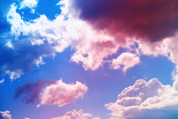 Multicolored sky background. High clouds in the summer sky. Meteorological observations of the sky. - 768997041