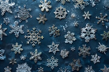 a group of snowflakes on a blue surface