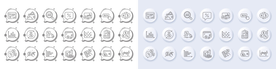 Horizontal chart, Buy button and Accounting line icons. White pin 3d buttons, chat bubbles icons. Pack of Launder money, Change money, Wallet icon. Vector