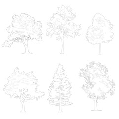 Cad trees, line drawing, set