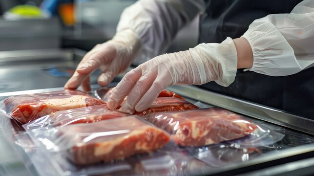 Close up hands of worker packing meat