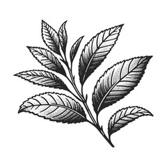 tea branch leaf sketch line art engraving generative ai vector illustration. Scratch board imitation. Black and white image. - obrazy, fototapety, plakaty