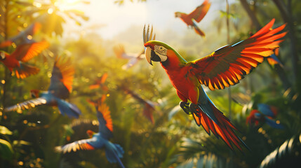 A colorful flock of parrots flying over a tropical forest