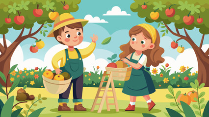 boy and girl collect fruit harvest vector illustr 