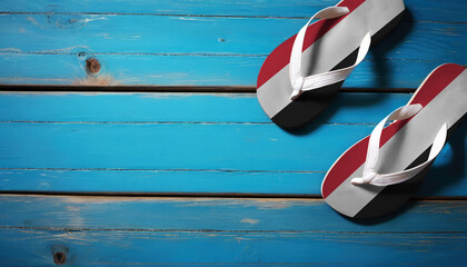 Pair of beach sandals with flag Yemen. Slippers for summer sea vacation. Concept travel and vacation in Yemen.