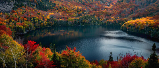 A mountain lake surrounded by autumn foliage, with the colors of the trees forming a splendid gradient of reds and yellows, captured in high-definition to emphasize its mesmerizing vibrancy. - obrazy, fototapety, plakaty