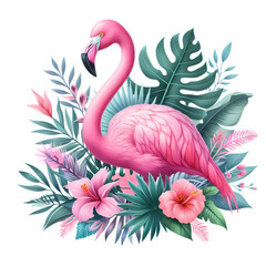 Pink Flamingo bird with tropical plants and flowers - 768998020
