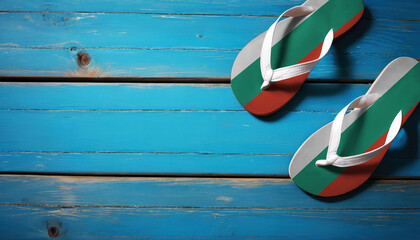 Pair of beach sandals with flag Bulgaria. Slippers for summer sea vacation. Concept travel and vacation in Bulgaria. - obrazy, fototapety, plakaty