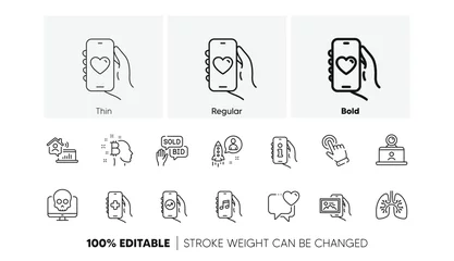 Deurstickers Dating app, Cyber attack and Bitcoin think line icons. Pack of Video conference, Startup, Work home icon. Heart, Cursor, Music app pictogram. Bid offer, Support, Lungs. Image album. Line icons. Vector © blankstock