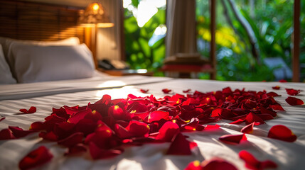 Romantic hotel room bed covered with red rose petals, warm morning sunshine rays coming from window, tropical holiday vacation resort