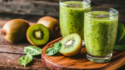 Selective focus on green kiwi smoothie  detox diet   healthy vegetarian eating concept