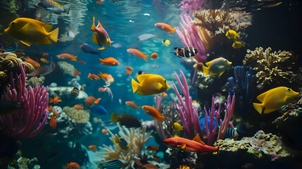 Fototapeta na wymiar A colorful school of fish swimming in a coral reef