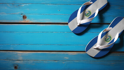 Pair of beach sandals with flag El Salvador. Slippers for summer sea vacation. Concept travel and vacation in El Salvador. - obrazy, fototapety, plakaty