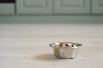 Empty pets bowl against a dining room background. Metal cat or dog bowl for wet or dry kibble food. Animal feed. Side view. Feeding bowl. Space for your text, logo, slogan. Advertising, Ad. Mockup