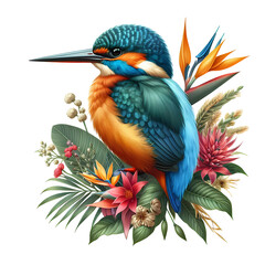 Kingfisher bird with tropical plants and flowers
- 768998614