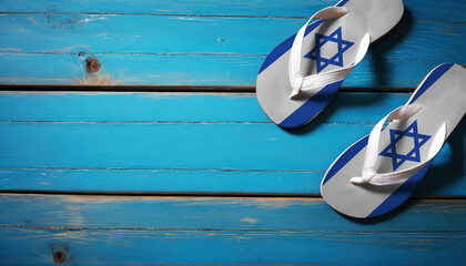 Pair of beach sandals with flag Israel. Slippers for summer sea vacation. Concept travel and vacation in Israel.
