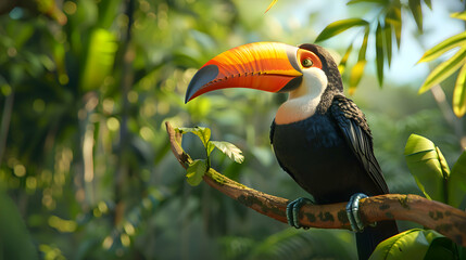 Naklejka premium A colorful toucan perched on a branch in the rainforest