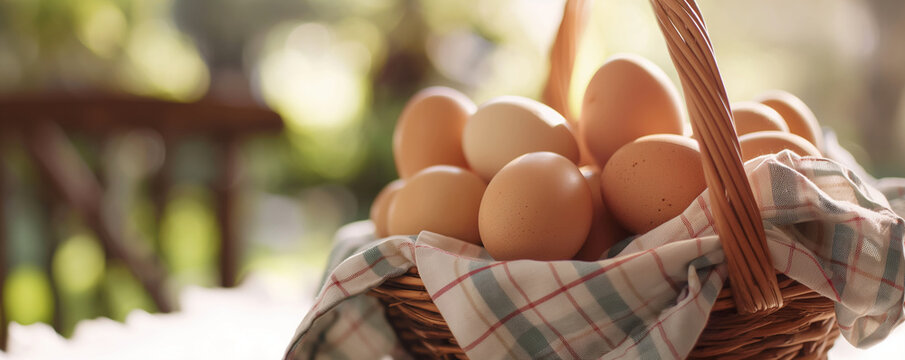 Wicker basket with cloth filled with fresh brown eggs on a rustic wooden surface. Farm and natural produce concept. Design for cookbook recipes, food blog headers with copy space, and organic product.