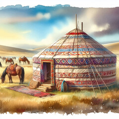 watercolor nomads yurt on steppe