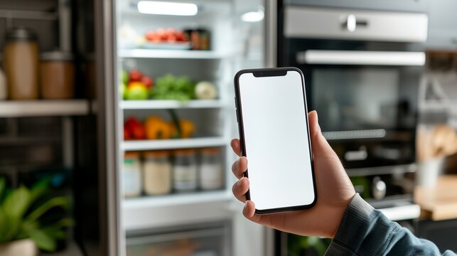 A Person Holding A Phone In Front Of A Refrigerator Door With Food