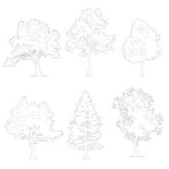 cutout trees, cad, line drawing set of trees