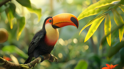 A colorful toucan perched on a branch in the rainforest