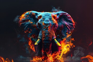 an elephant in fire with smoke - obrazy, fototapety, plakaty