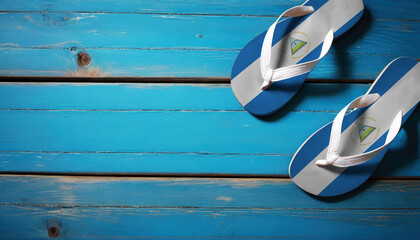 Pair of beach sandals with flag Nicaragua. Slippers for summer sea vacation. Concept travel and vacation in Nicaragua.