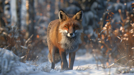 Naklejka na ściany i meble A cunning fox hunting for prey in the snowy woods