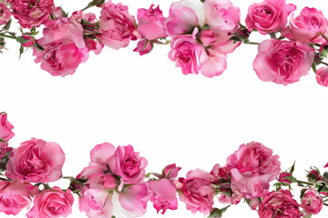 Assorted pink rose flowers border on a white background