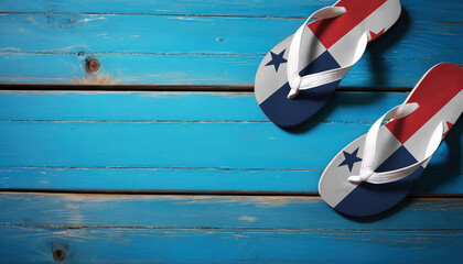 Pair of beach sandals with flag Panama. Slippers for summer sea vacation. Concept travel and vacation in Panama.
