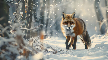 Obraz premium A cunning fox hunting for prey in the snowy woods