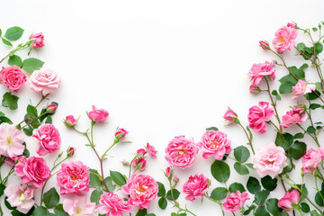 Obraz na płótnie Canvas Assorted pink rose flowers border on a white background