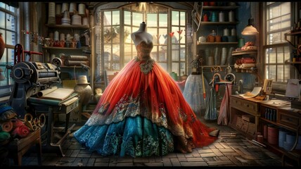 a vintage atelier with atmospheric highlighting a majestic and elaborate gown on a mannequin